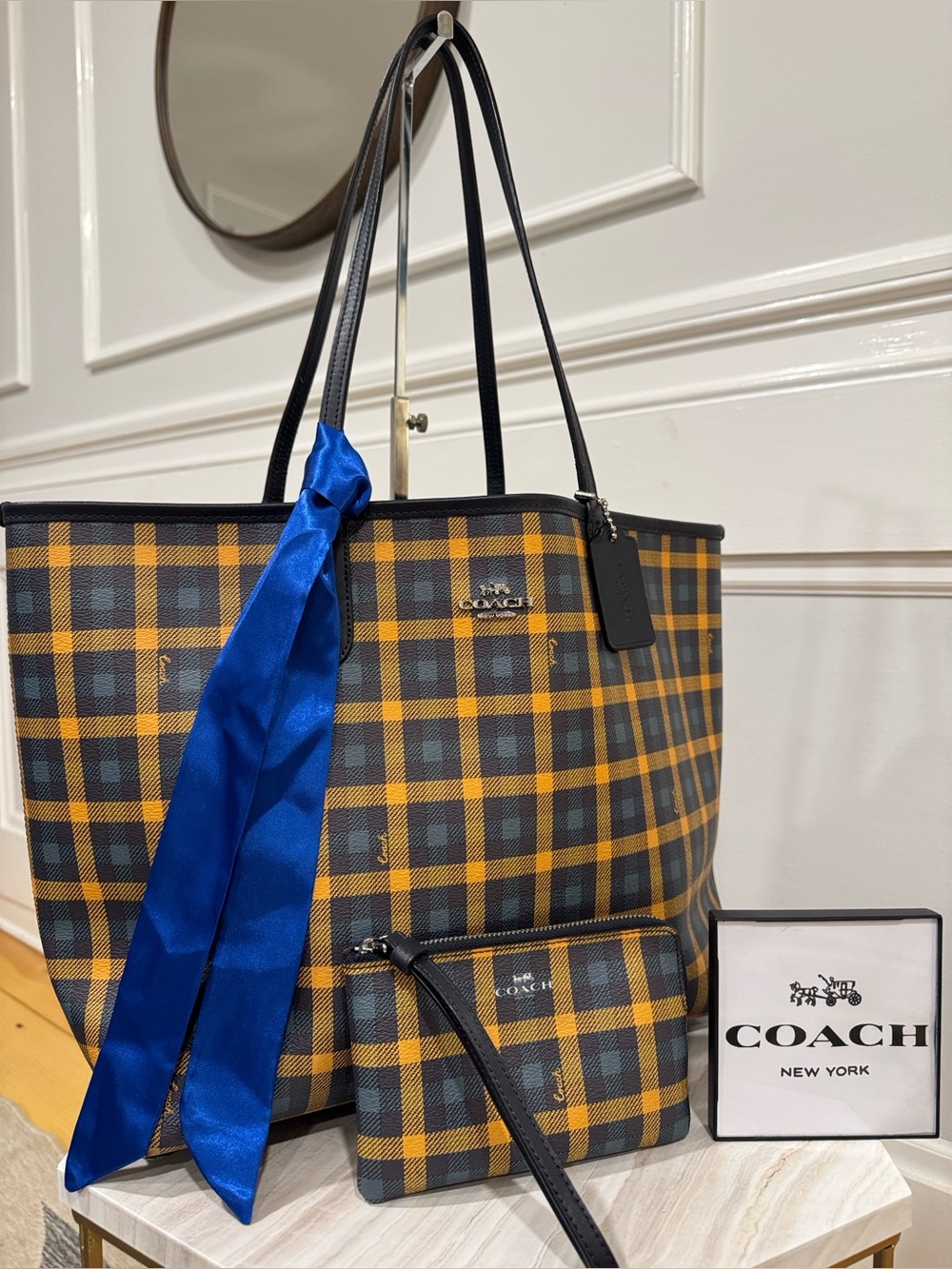 Coach Bag Reversible Plaid Checkered Yellow Blue City Tote with Removable Pouch - Picture 1 of 17